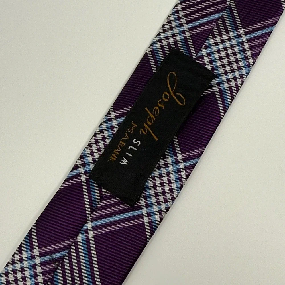 Jos A Bank Slim Tie 100% Silk Purple Blue Plaid Necktie‎ Mens Fashion